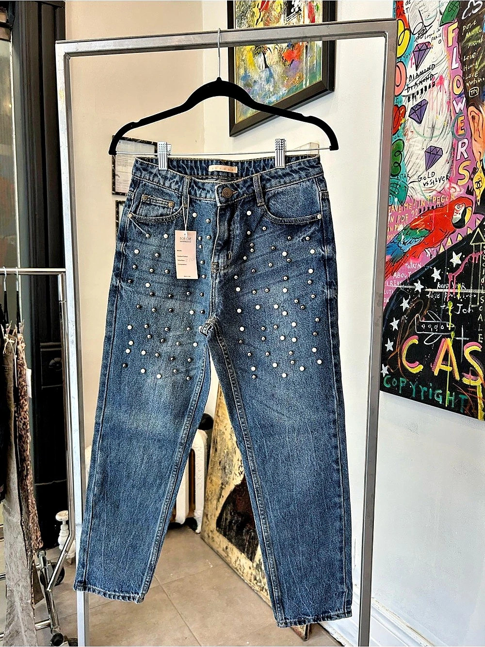Bob Ore Straight Leg Studded Blue Jeans